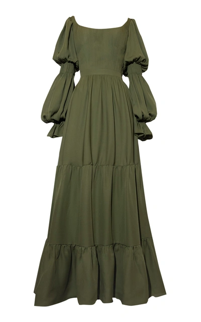 Shop Andres Otalora Pradera Tiered Ruffle Silk Dress In Green