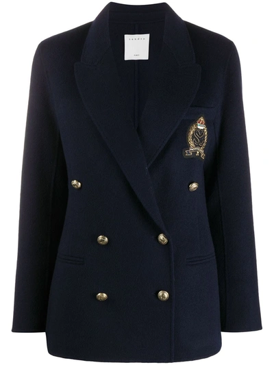 Shop Sandro Double-breasted Wool Blazer In Blue