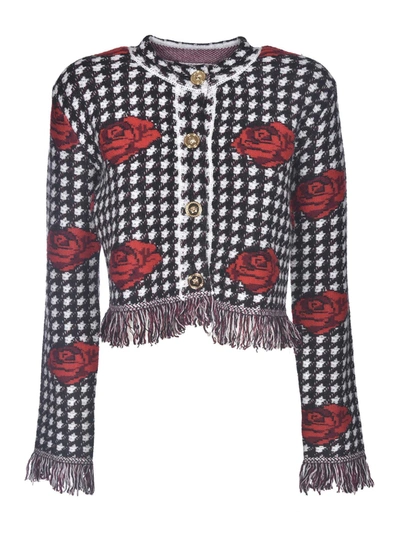 Shop Versace Checked Print And Roses Cardigan In Black