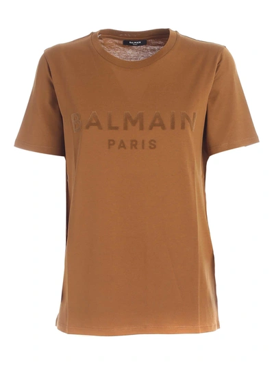Shop Balmain Flock Logo T-shirt In Camel Color