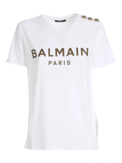 Shop Balmain Buttons On The Shoulder T-shirt In White