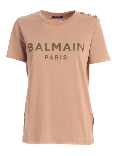 Shop Balmain Buttons On The Shoulder T-shirt In Nude Color In Pink