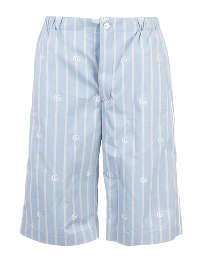 Shop Gucci Striped Gg Shorts In Light Blue And Ivory
