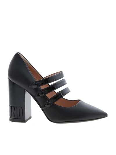 Shop Moschino Branded Heel Pointed Toe Pumps In Black