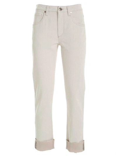 Shop Brunello Cucinelli Micro Beads Jeans In Ecru Color In White