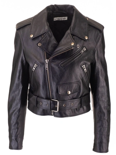 Shop Balenciaga Leather Biker Jacket With Logo In Black