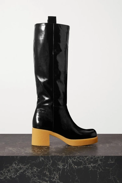 Shop Miu Miu Crinkled Patent-leather Platform Knee Boots In Black