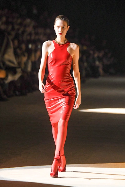 Shop Saint Laurent Latex Midi Dress In Red