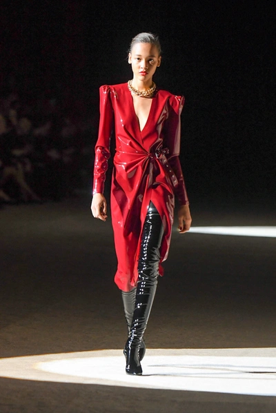 Shop Saint Laurent Latex Wrap Midi Dress In Red