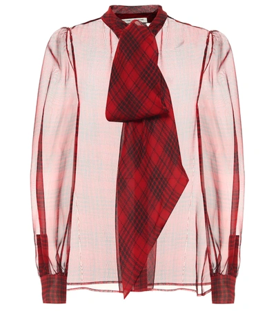 Shop Saint Laurent Checked Silk Mousseline Blouse In Red
