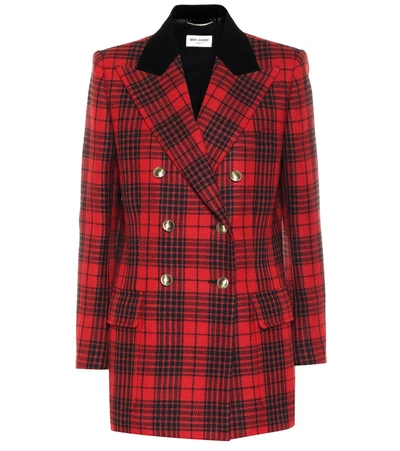 Shop Saint Laurent Checked Virgin Wool Blazer In Red