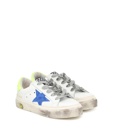 Shop Golden Goose Super-star Leather Sneakers In White/bluette/yellow Fluo