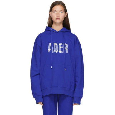 Shop Ader Error Ssense Exclusive Blue Tape Logo Hoodie In Ader Blue