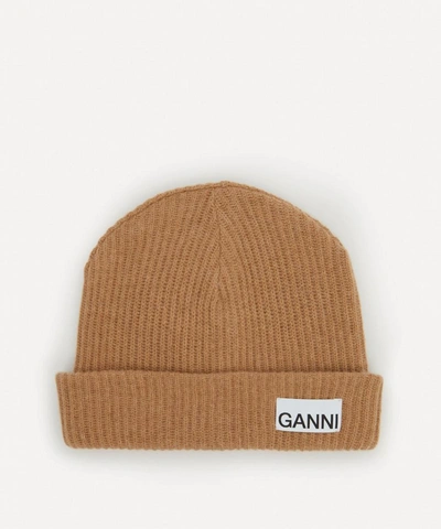 Shop Ganni Recycled Wool-blend Beanie Hat In Tiger's Eye