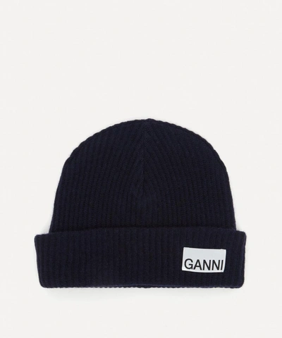 Shop Ganni Recycled Wool-blend Beanie Hat In Sky Captain