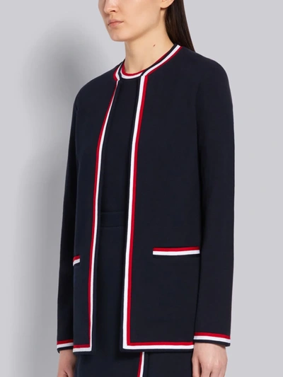 Shop Thom Browne Navy Cotton Pique Tricolor Rib Trim Crewneck Cardigan In Blue