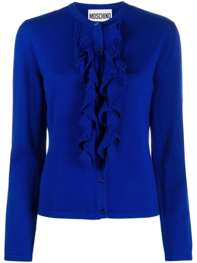 Shop Moschino Ruffle Trim Knitted Cardigan In Blue