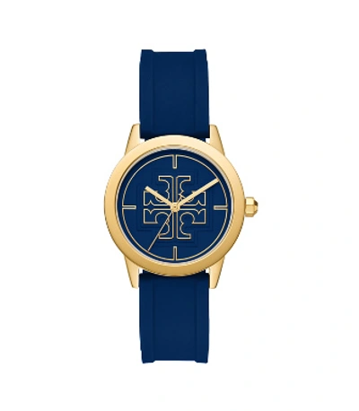Shop Tory Burch Gigi Watch, Navy Silicone/gold-tone, 36 X 42 Mm In Navy/gold