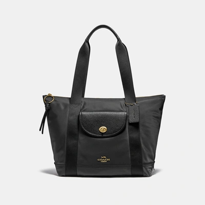 Shop Coach Cargo Tote With Vintage Rose Print Interior In Brass/black