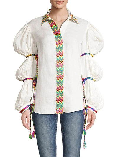 Shop All Things Mochi Statement Sleeve Linen Top In Off White