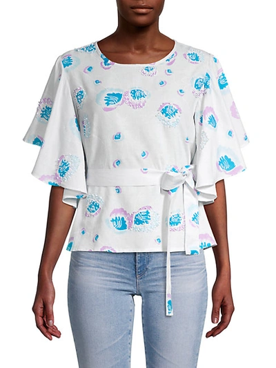 Shop All Things Mochi Embellished Printed Top In Grey Blue