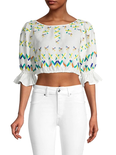 Shop All Things Mochi Women's Embroidered Linen & Cotton Crop Top In Off White