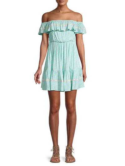 Shop All Things Mochi Blouson Off-the-shoulder Mini Dress In Teal