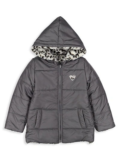Shop Andy & Evan Little Girl's Faux Fur Reversible Puffer Jacket In Grey Leopard