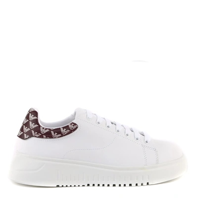 Shop Emporio Armani White Leather Monogram Insert Sneaker In White+vinaccia/perla