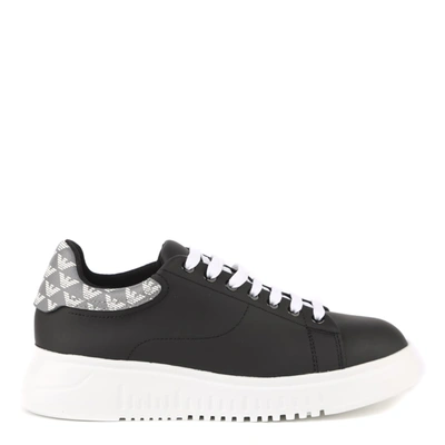 Shop Emporio Armani Black Leather Monogram Sneaker In Black+antr/perla