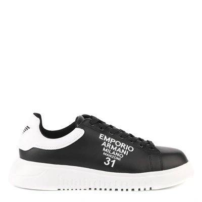 Shop Emporio Armani Black Leather Worldwide Boutiques Sneaker In Black/milano+white
