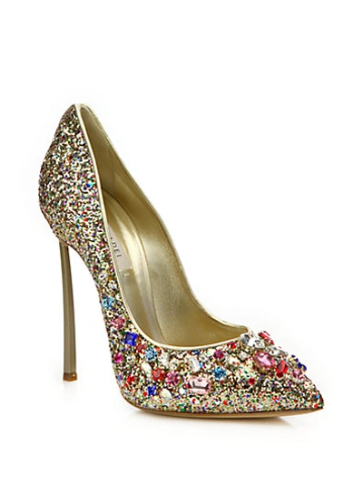 Casadei Glittered Jewel-embellished Pumps In Gold-multi