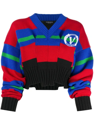 Shop Versace Striped Intarsia-knit Jumper In Red