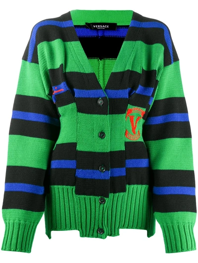 Shop Versace Striped Intarsia-knit Cardigan In Green