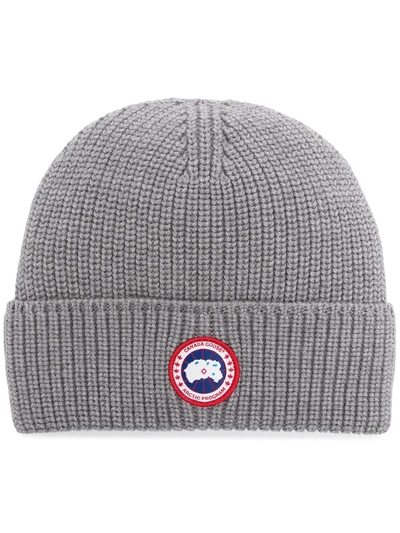 Shop Canada Goose Logo Patch Ribbed Knit Hat In Grau