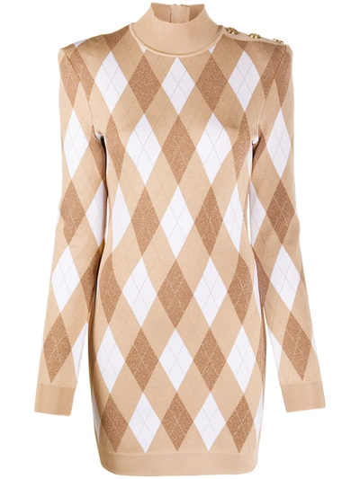 Shop Balmain Diamond-pattern Long-sleeve Dress In Brown