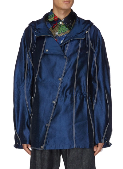 Shop Angel Chen Diagonal Snap Closure Satin Hood Jacket In Blue