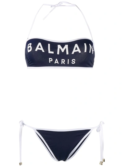 Shop Balmain Logo Print Bikini In Blue