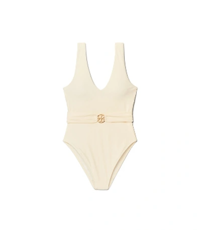 Shop Tory Burch Miller Plunge One-piece Swimsuit In White