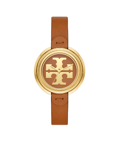 Shop Tory Burch Miller Watch, Luggage Leather/gold-tone, 36 Mm In Luggage/gold