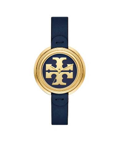 Shop Tory Burch Miller Watch, Navy Leather/gold-tone, 36 Mm In Navy/gold