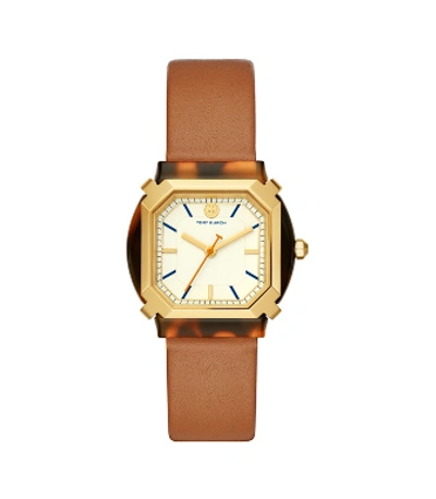 Shop Tory Burch Blake Watch, Luggage Leather/gold/tortoise, 35 Mm In Ivory/tort/gold/luggage