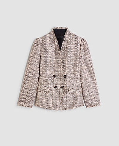 Shop Ann Taylor Fringe Tweed Double Breasted Jacket In Pink Multi