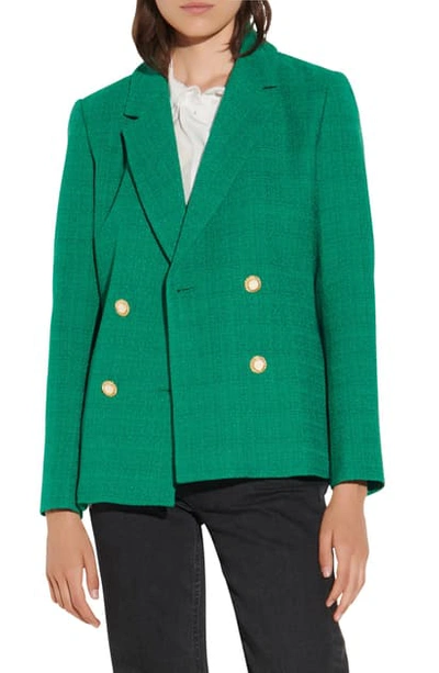 Shop Sandro Double Breasted Blazer In Emerald Green