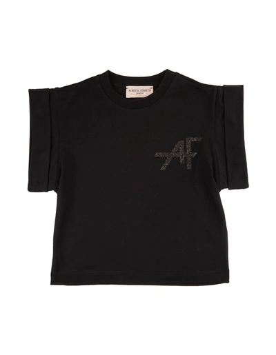 Shop Alberta Ferretti Kid Black T-shirt With Glittered Monogram In Nero