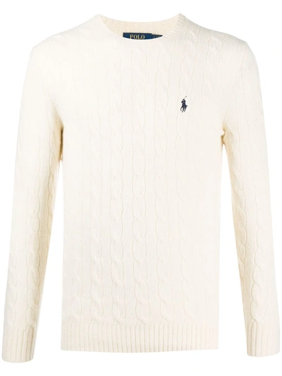Shop Polo Ralph Lauren Cable-knit Logo Jumper In White