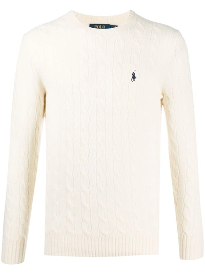 Polo Ralph Lauren White Cable Knit Crewneck Sweater With Pony Embroidery On The Front In Wool And Cashmere Man In Neutral