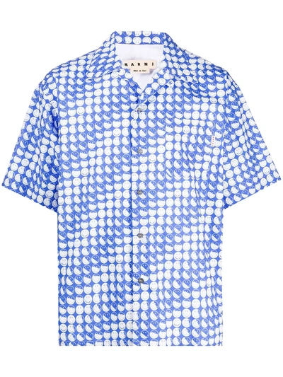 Shop Marni Face-print Short-sleeve Shirt In Blue