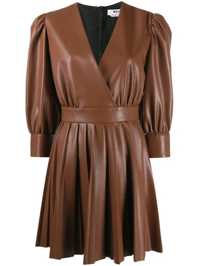 Shop Msgm Puff-sleeve V-neck Mini Dress In Brown