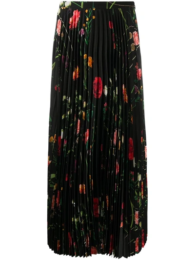 Shop Valentino Floral Print Pleated Skirt In Black